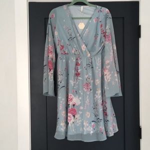 Blue Floral Chiffon Wrap Dress